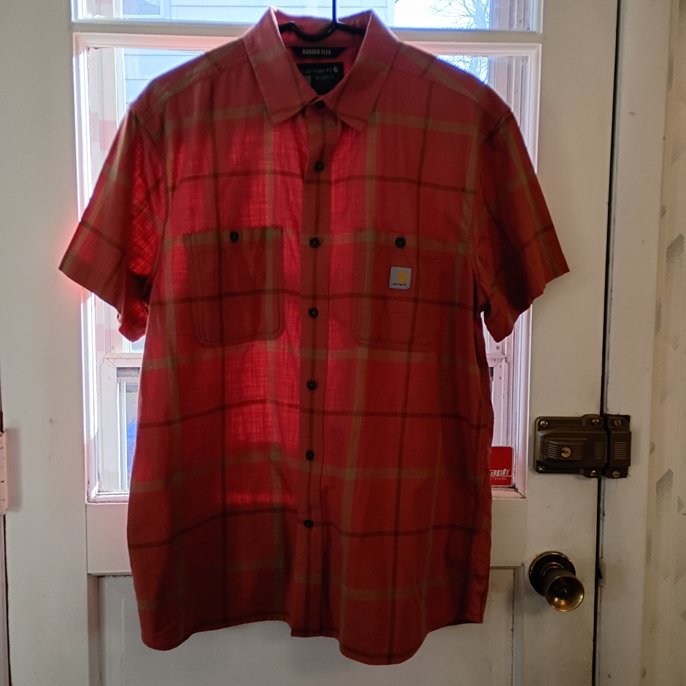 Carhartt Shirt Men's Large Plaid Short Sleeves Red/Orange Cotton Casual